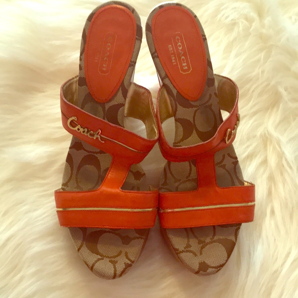 Used - Coach Slide Wedge Leather Sandal Wood Heel